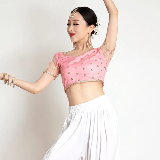 Indian Tops Female Adult Short Sleeve Pink Shirt Belly Dance Practice Clothes Oriental Dance Stage Performance Clothing DQL6241
